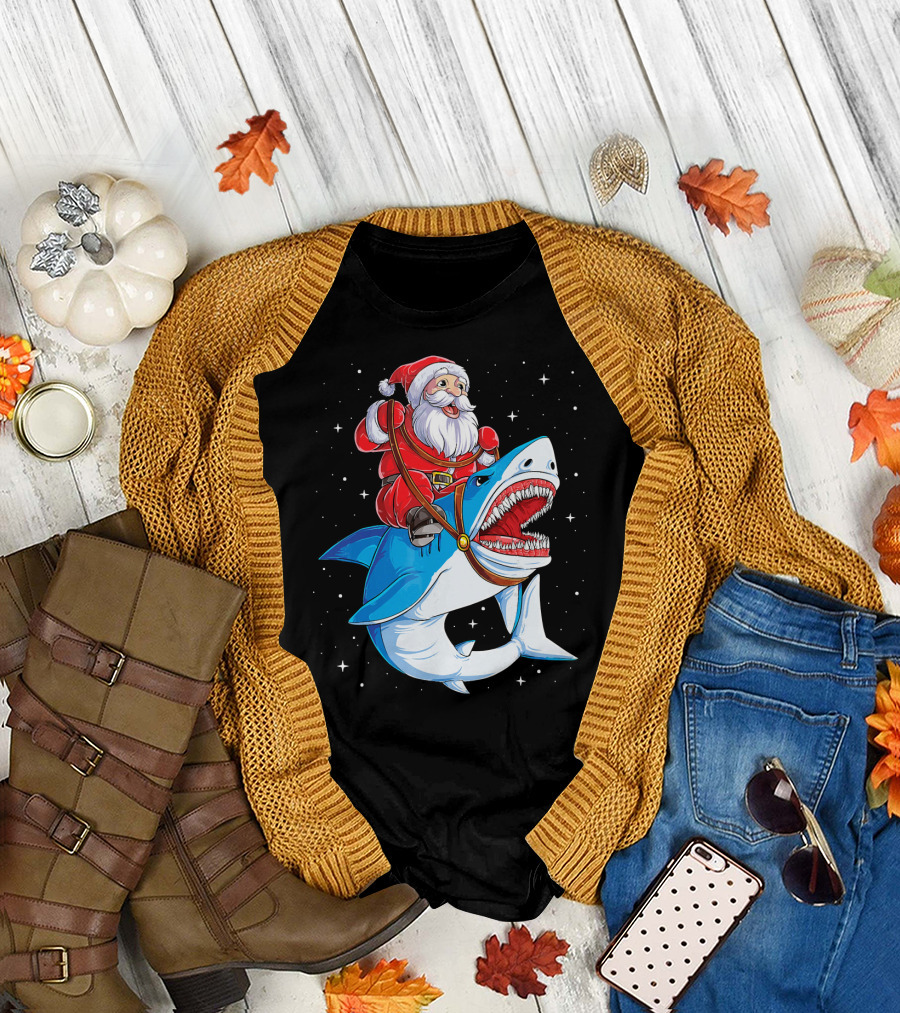 Santa Riding Shark Christmas Boys Santa Shark T-Shirt