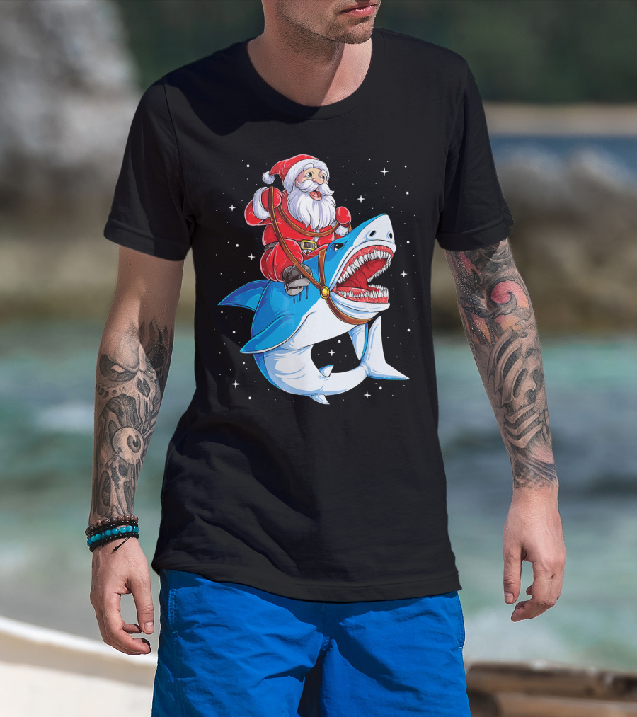 Santa Riding Shark Christmas Boys Santa Shark T-Shirt