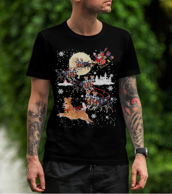 Heeler Reindeer Santa Sleigh Christmas Moon Dog T-Shirt