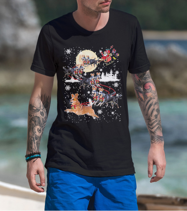 Heeler Reindeer Santa Sleigh Christmas Moon Dog T-Shirt