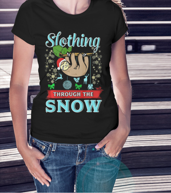 Slothing Through The Snow Cute Christmas Sloth With Santa Hat And Snowflakes T-Shirt