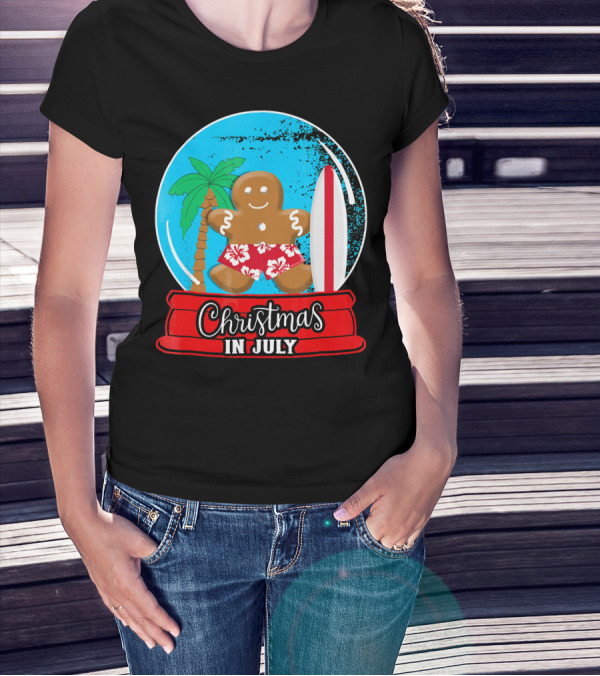 Christmas In July Surfing Gingerbread Snow Globe T-Shirt