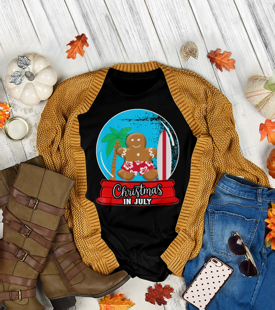 Christmas In July Surfing Gingerbread Snow Globe T-Shirt