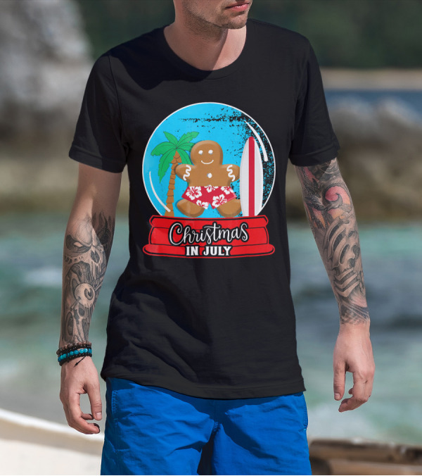 Christmas In July Surfing Gingerbread Snow Globe T-Shirt