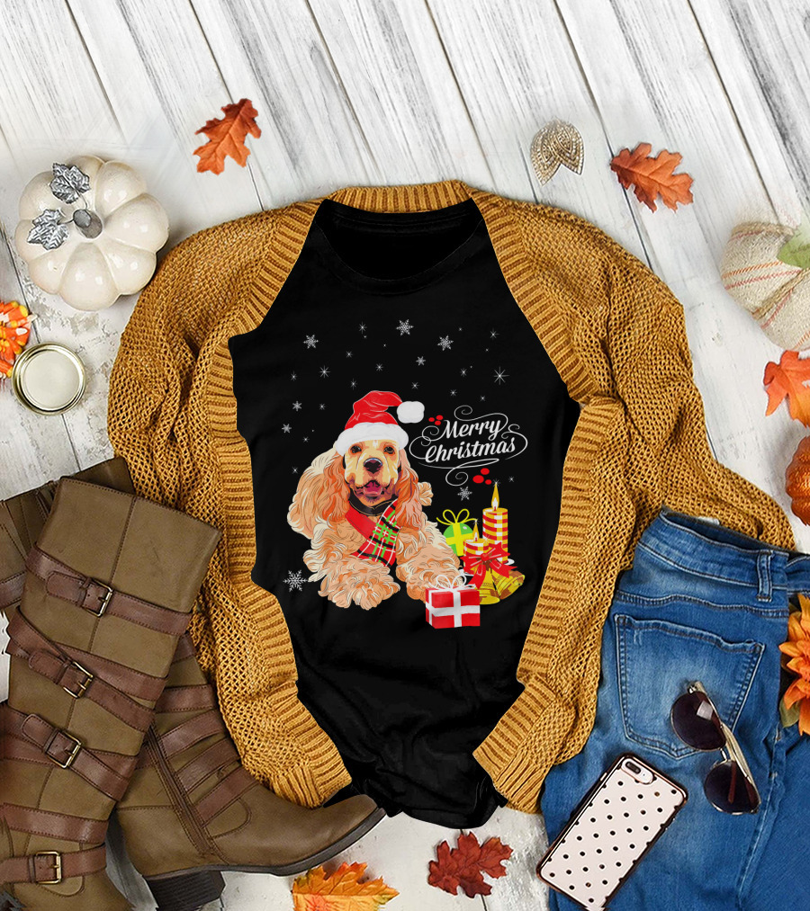 Cocker Spaniel Merry Christmas Santa Hat Candles Gifts Snowflakes T-Shirt