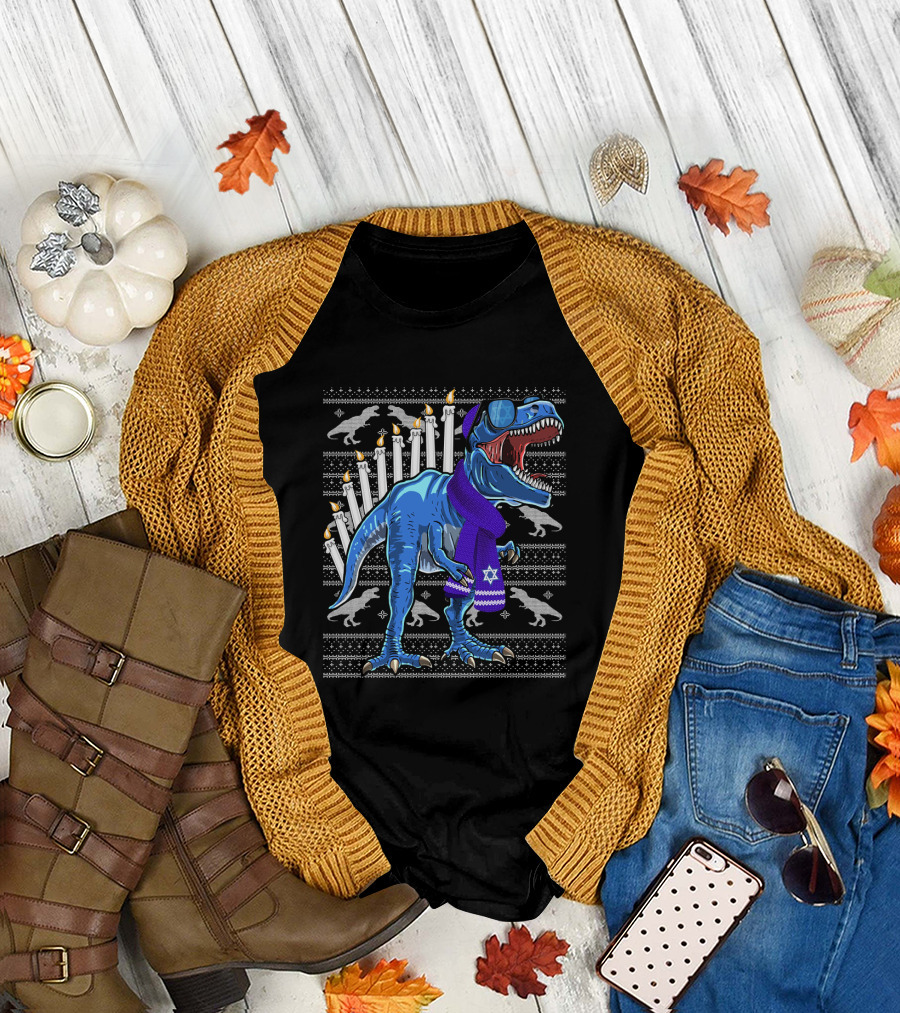 Menorasaurus Rex Dinosaur Wearing Blue Scarf and Sunglasses with Candles and Dinosaur T-Shirt