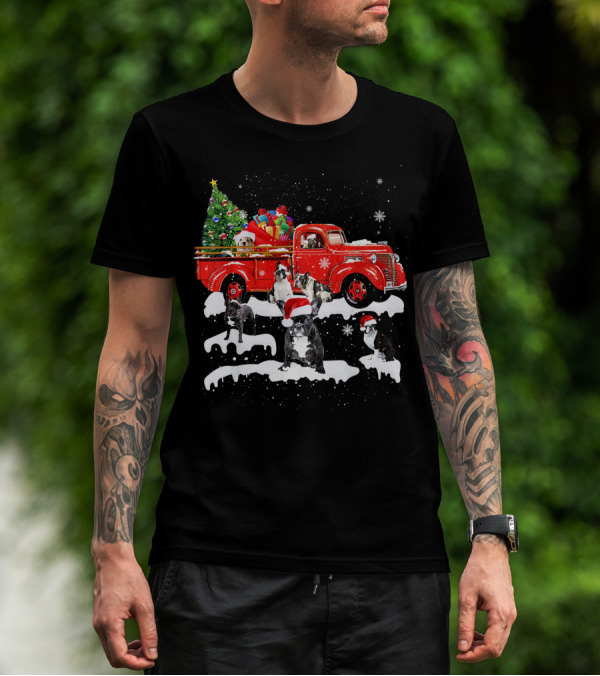 French Bulldog Christmas Red Truck With Santa Hats And Gifts T-Shirt