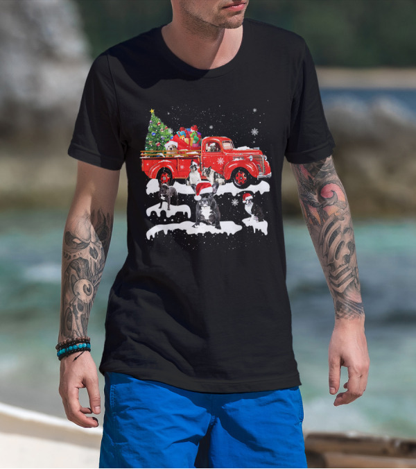 French Bulldog Christmas Red Truck With Santa Hats And Gifts T-Shirt