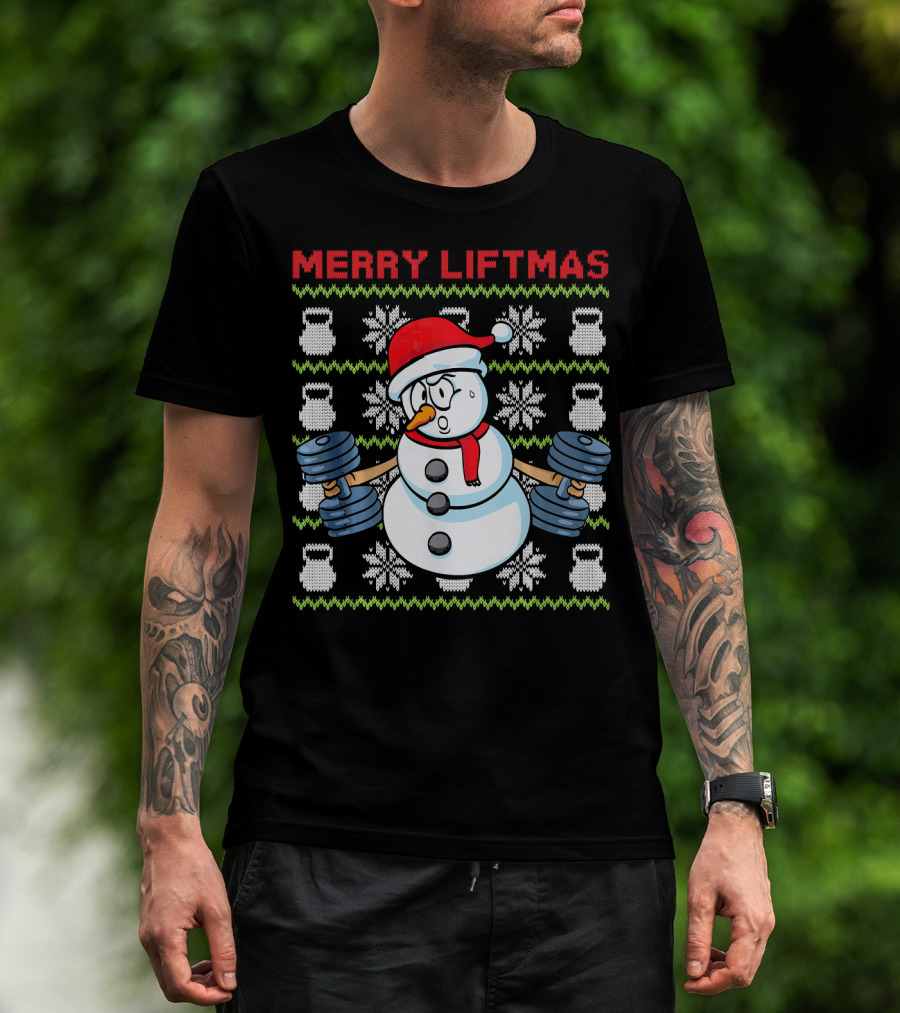 Merry Liftmas Fitness Snowman Xmas Weightlifting Kettlebells T-Shirt