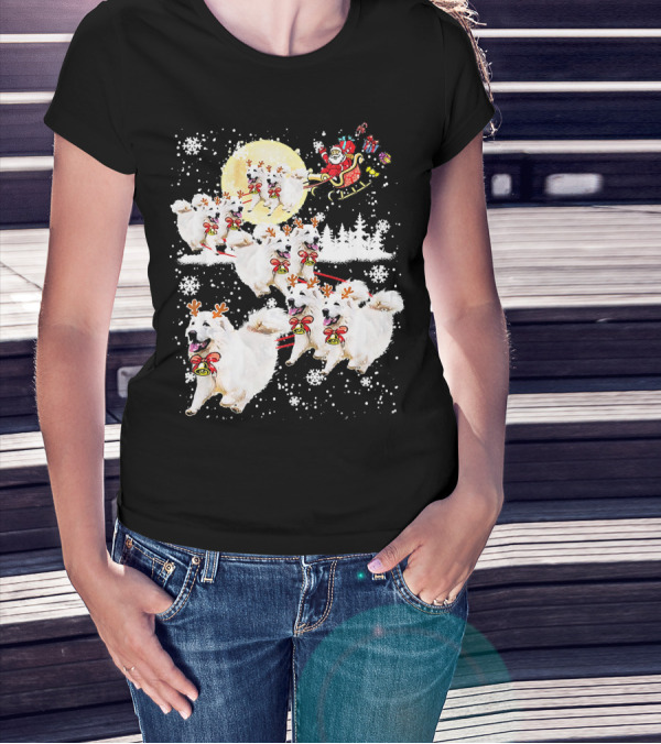 Great Pyrenees Reindeer Santa Christmas With Sleigh And Snowflakes T-Shirt