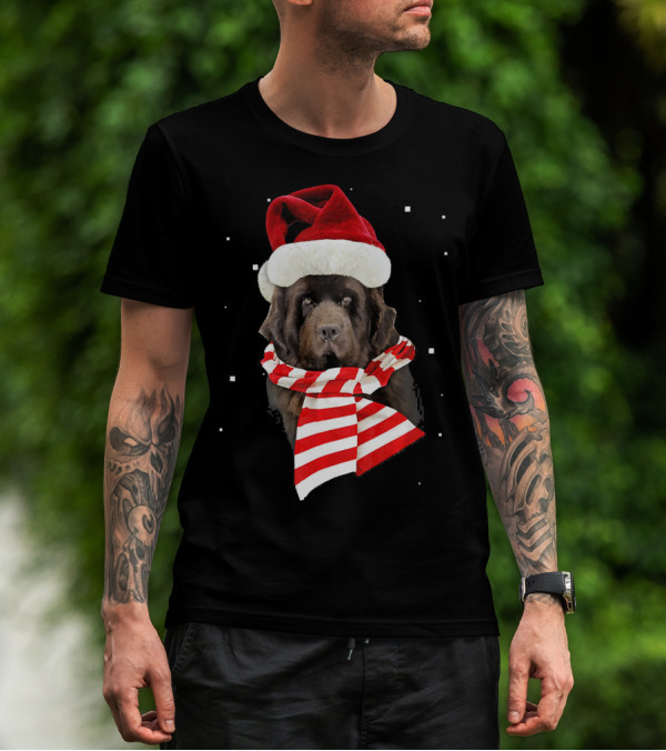 Newfoundland Santa Merry Christmas Dog With Red Hat And Scarf T-Shirt