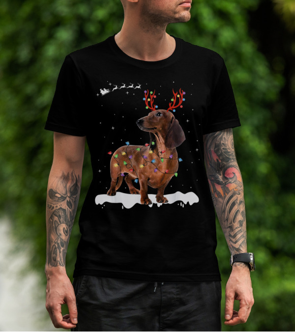 Reindeer Dachshund With Holiday Lights And Santa Sleigh T-Shirt