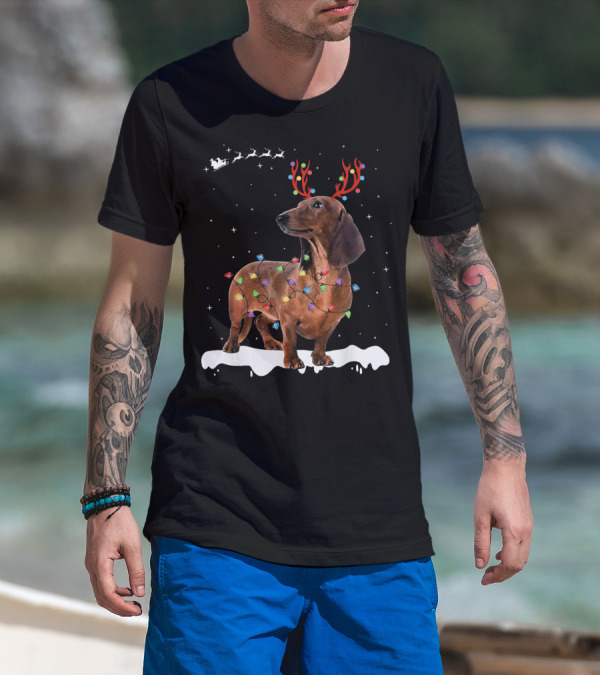 Reindeer Dachshund With Holiday Lights And Santa Sleigh T-Shirt