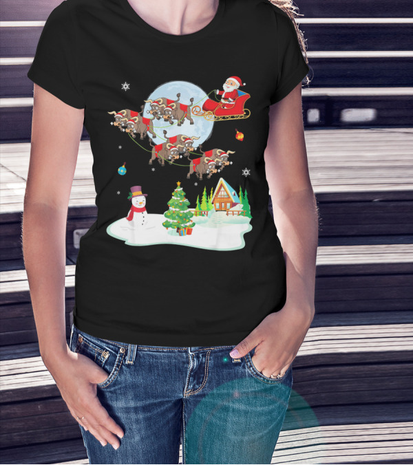 Santa Claus Buffalo Sleigh Snowman Christmas Scene T-Shirt