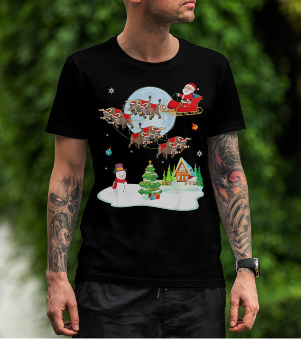 Santa Claus Buffalo Sleigh Snowman Christmas Scene T-Shirt