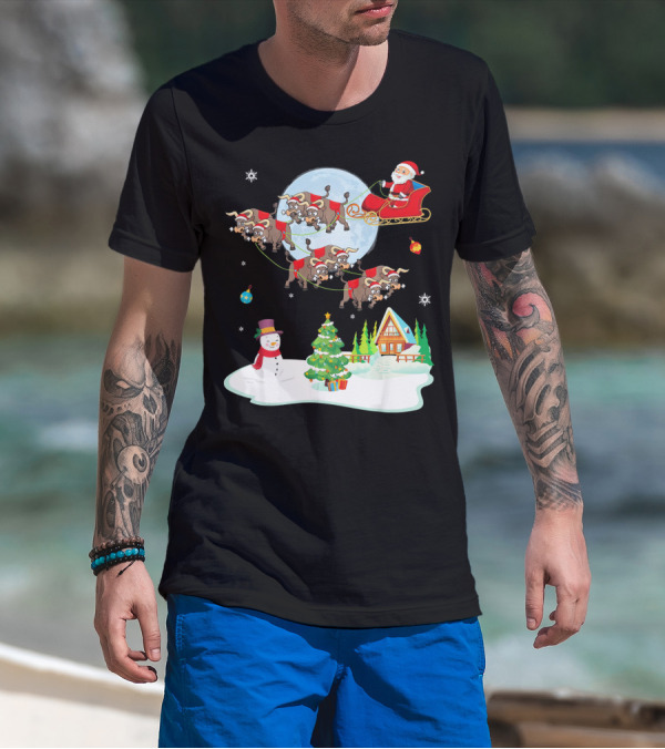 Santa Claus Buffalo Sleigh Snowman Christmas Scene T-Shirt