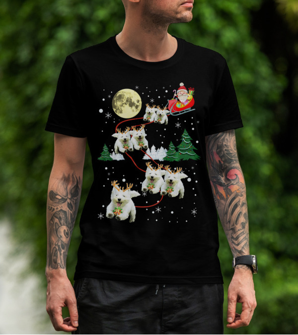 Santa Sleigh With Westie Reindeer Christmas Moon And Trees T-Shirt