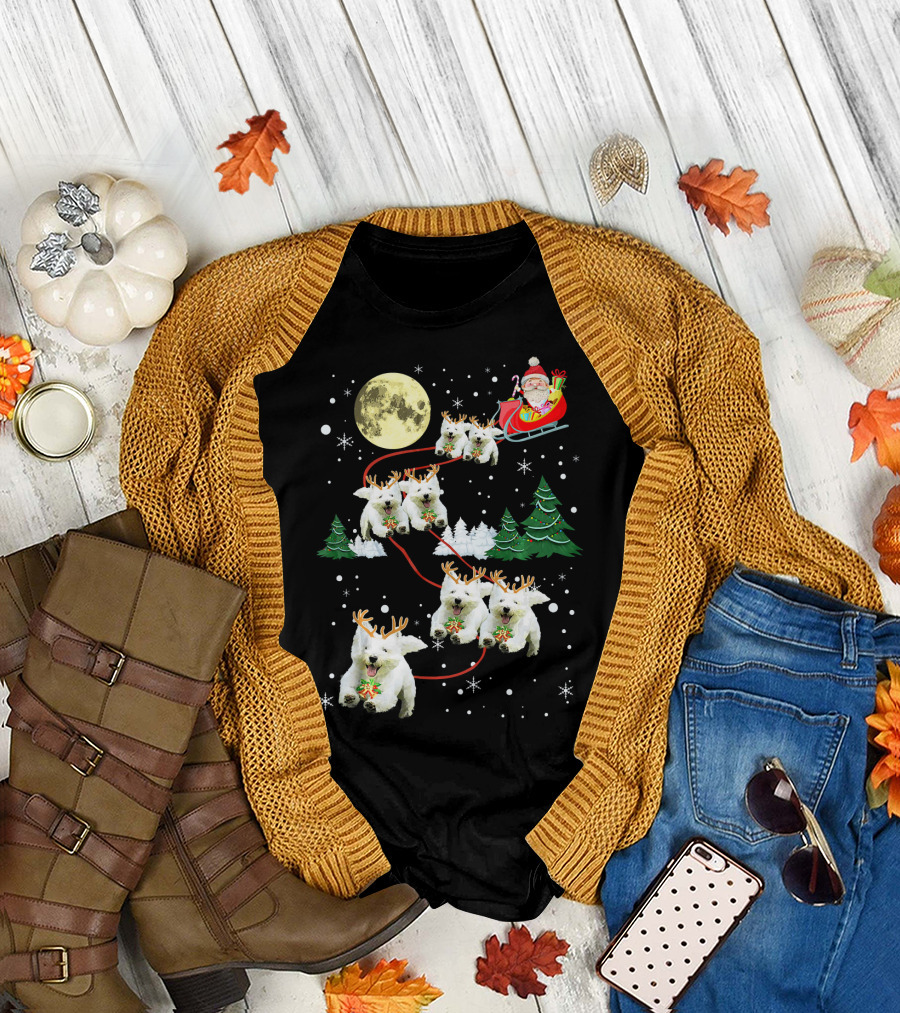 Santa Sleigh with Westie Reindeer Christmas Moon and Trees T-Shirt