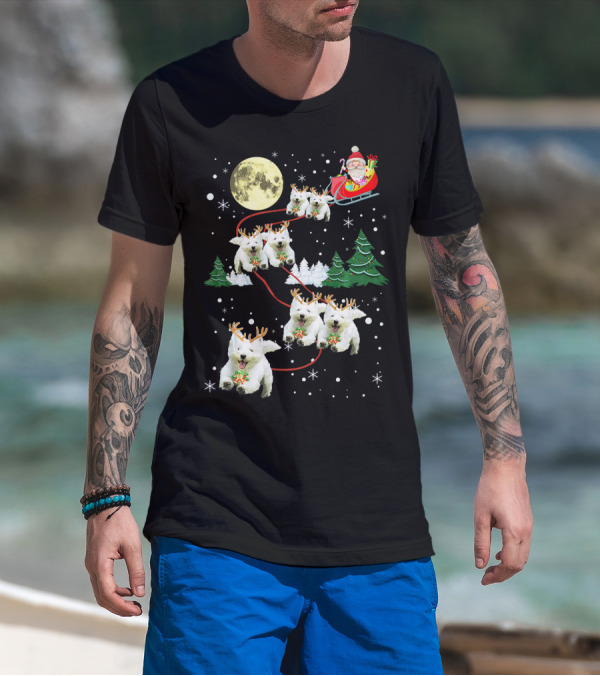 Santa Sleigh With Westie Reindeer Christmas Moon And Trees T-Shirt