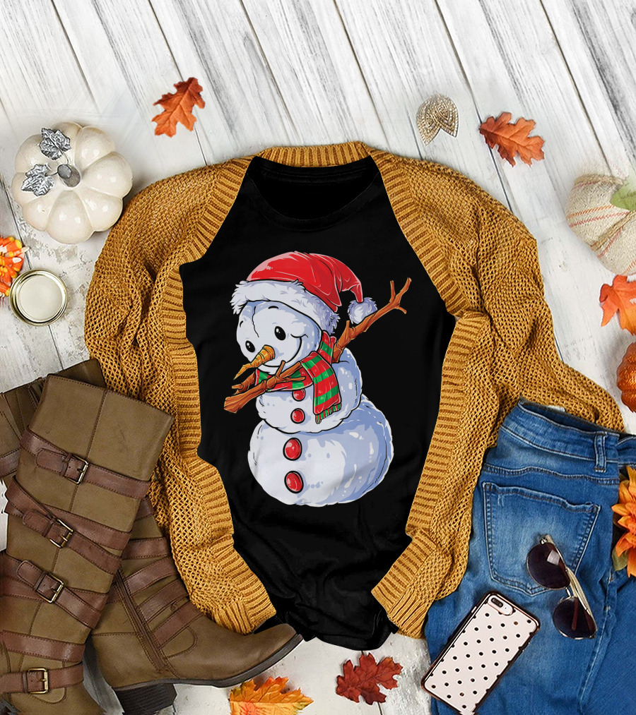Festive Snowman with Santa Hat and Striped Scarf T-Shirt