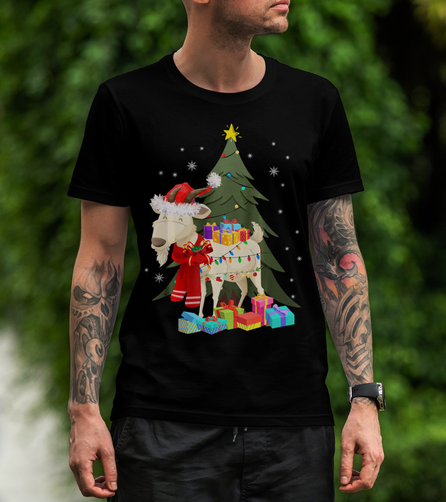 Goat Christmas Lights Funny Goat Santa Hat Presents Tree Snowflakes T-Shirt