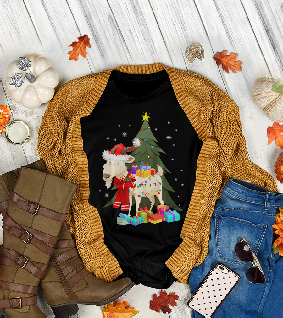 Goat Christmas Lights Funny Goat Santa Hat Presents Tree Snowflakes T-Shirt