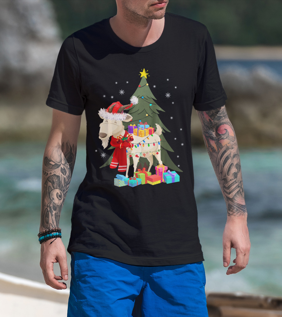 Goat Christmas Lights Funny Goat Santa Hat Presents Tree Snowflakes T-Shirt