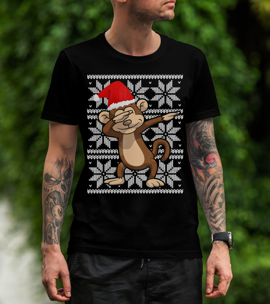 UGLY CHRISTMAS Dabbing Monkey Dab Santa Hat Snowflake T-Shirt
