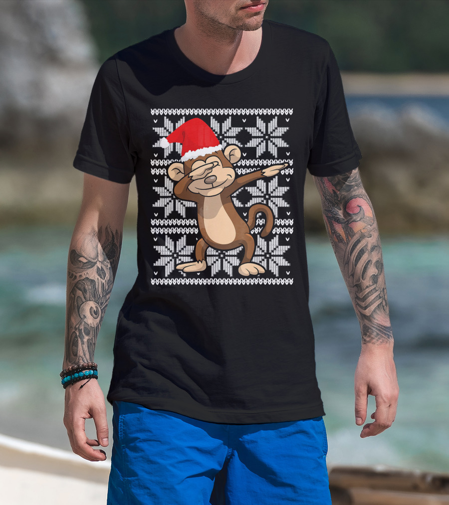 UGLY CHRISTMAS Dabbing Monkey Dab Santa Hat Snowflake T-Shirt