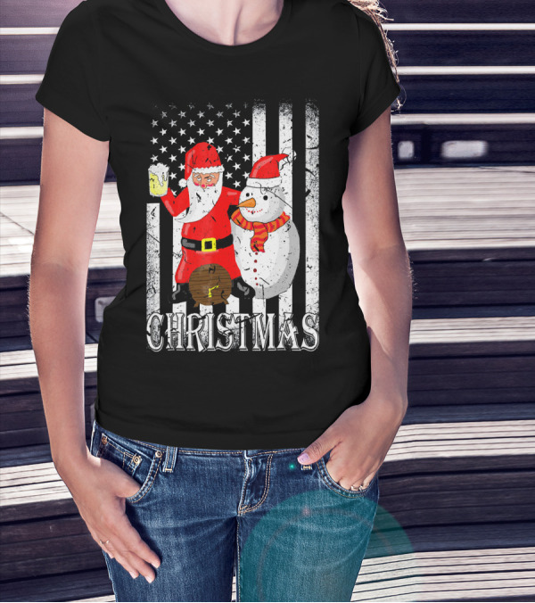 Christmas Santa Claus Snowman With Beer American Flag T-Shirt