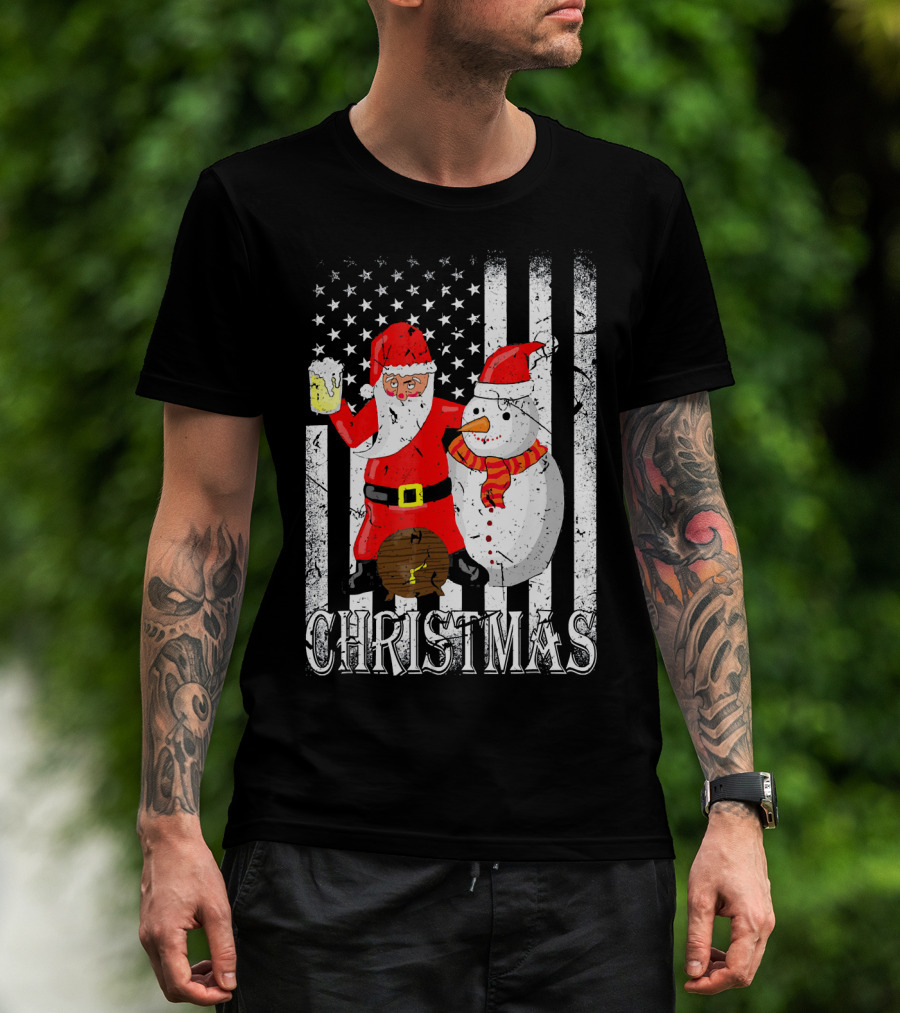 Christmas Santa Claus Snowman With Beer American Flag T-Shirt
