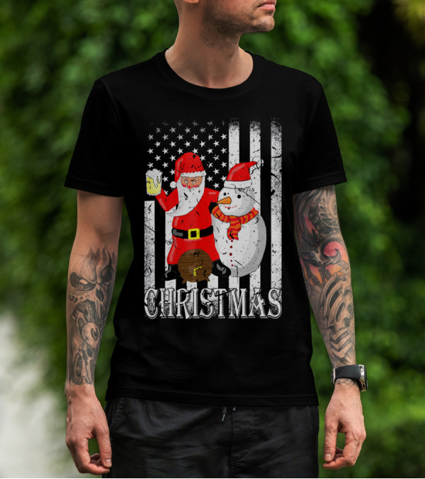 Christmas Santa Claus Snowman With Beer American Flag T-Shirt