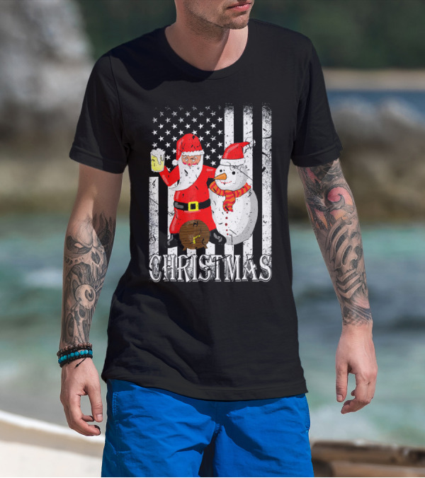 Christmas Santa Claus Snowman With Beer American Flag T-Shirt