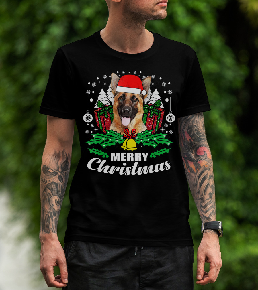 German Shepherd Merry Christmas Santa Hat Festive Holiday Dog Love T-Shirt