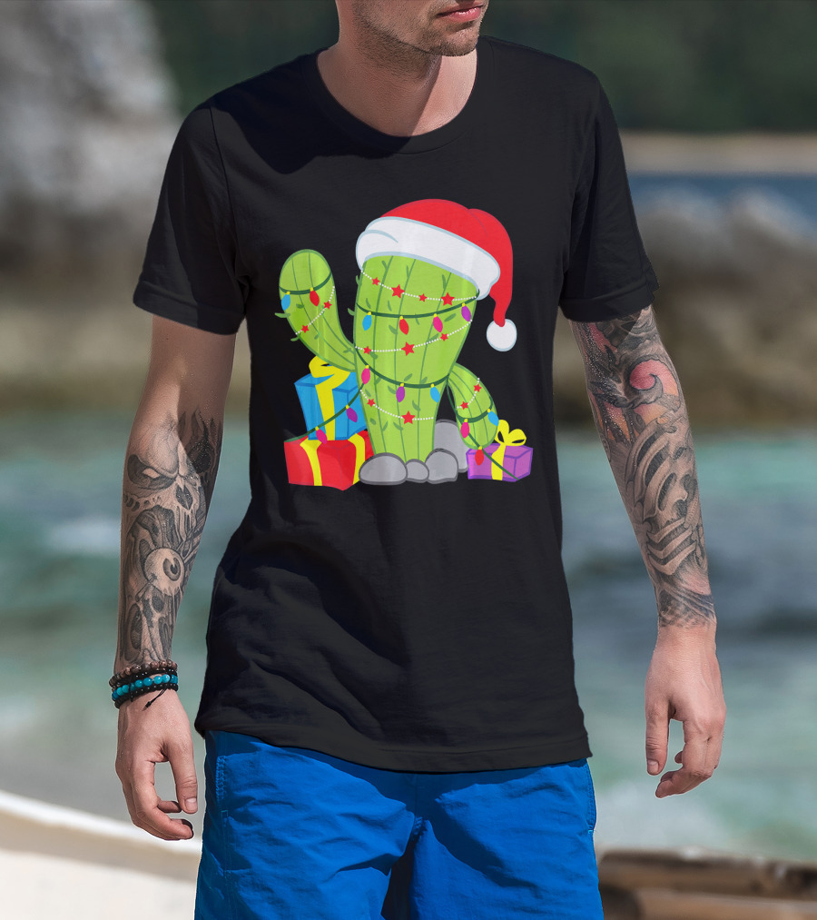 Cactus Tree Santa Hat Christmas Presents Mexican T-Shirt
