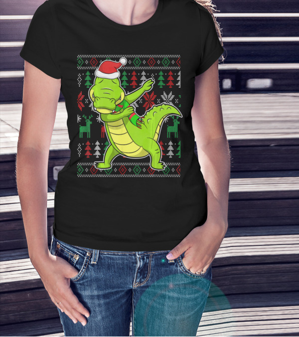 Ugly Christmas Dabbing Alligator Santa Hat Festive T-Shirt