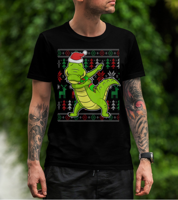 Ugly Christmas Dabbing Alligator Santa Hat Festive T-Shirt