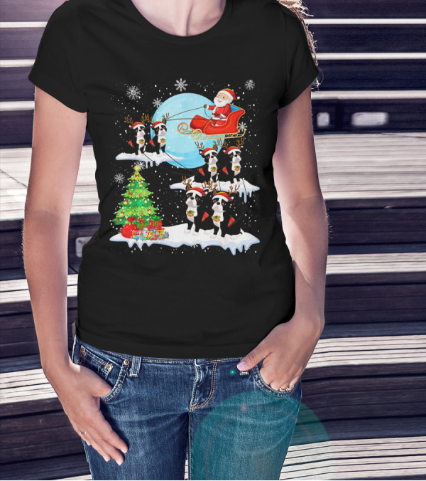 Santa Sleigh With Boston Terrier Reindeer And Christmas Tree T-Shirt