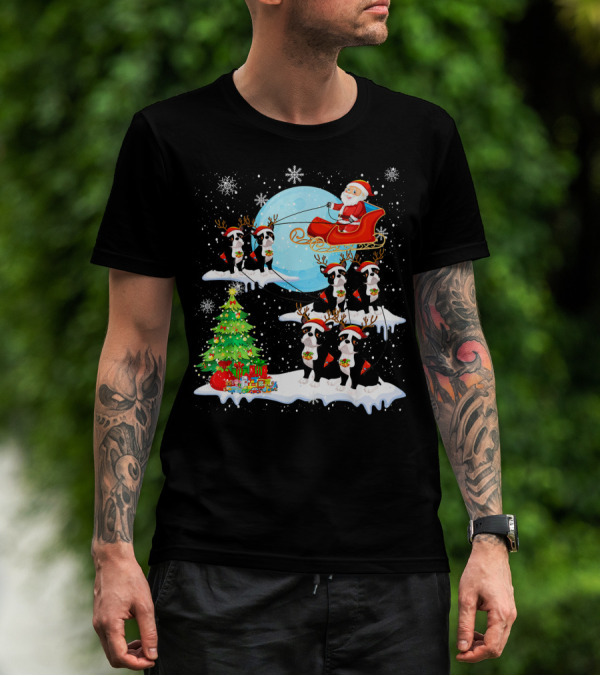 Santa Sleigh With Boston Terrier Reindeer And Christmas Tree T-Shirt
