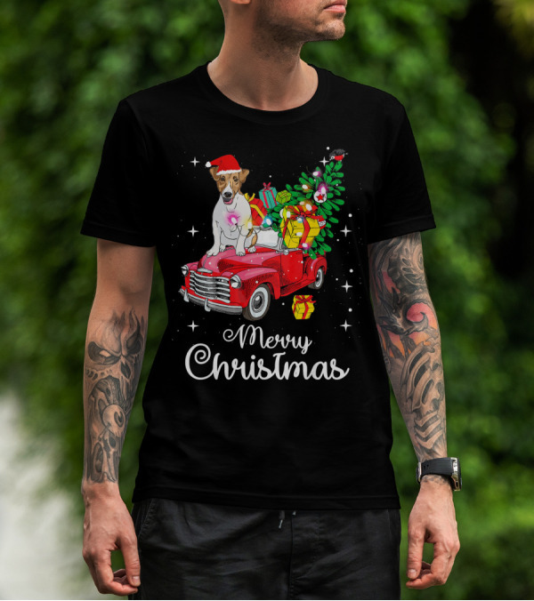 Merry Christmas Jack Russell Terrier Riding Red Truck With Gifts And Santa Hat T-Shirt