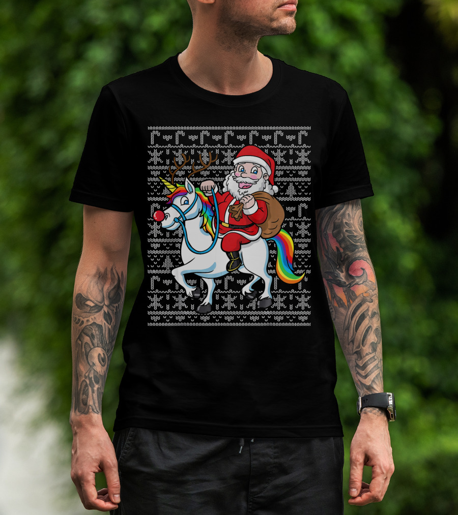 Santa Riding Reindeer-Antlered Rainbow Unicorn On Christmas T-Shirt