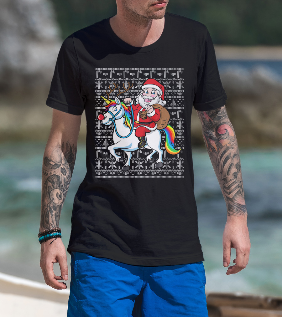 Santa Riding Reindeer-Antlered Rainbow Unicorn On Christmas T-Shirt