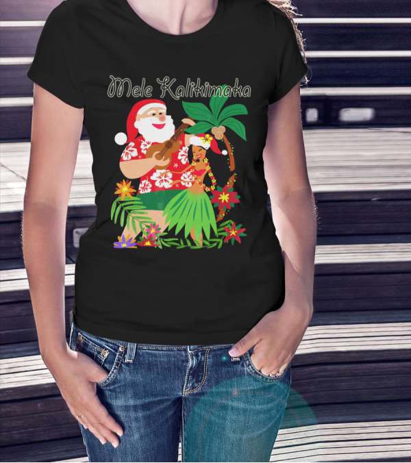 Mele Kalikimaka Christmas Santa Playing Ukulele With Hula Dancer And Tropical Flowers T-Shirt