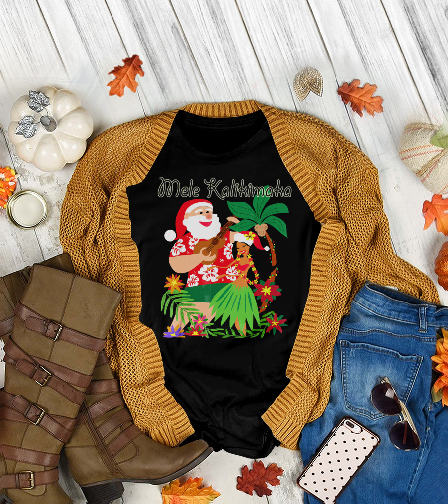 Mele Kalikimaka Christmas Santa Playing Ukulele with Hula Dancer and Tropical Flowers T-Shirt