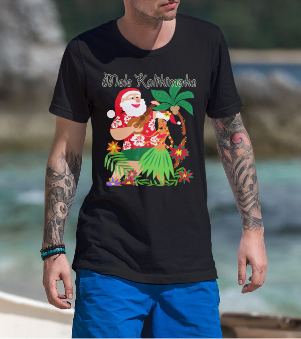 Mele Kalikimaka Christmas Santa Playing Ukulele With Hula Dancer And Tropical Flowers T-Shirt