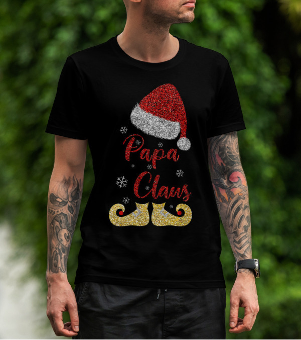 Papa Claus Red Santa Hat Snowflakes Gold Elf Shoes Christmas Family Matching T-Shirt