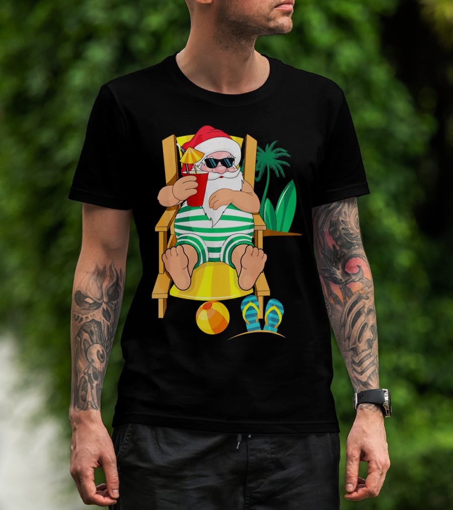 Christmas In July Santa Relaxing On Beach Chair With Cocktail And Palm Tree T-Shirt