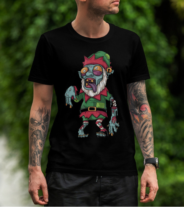 Zombie Christmas Elf Funny Cartoon Holiday T-Shirt