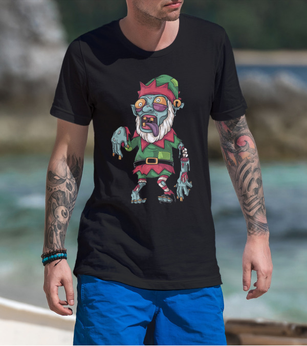 Zombie Christmas Elf Funny Cartoon Holiday T-Shirt