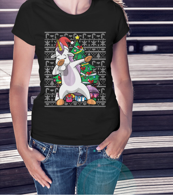 Unicorn Dabbing In Santa Hat By The Christmas Tree With Gifts T-Shirt
